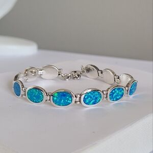 Vintage Boho Blue Fire Opal Inlay Oval Chain Link Sterling Silver Bracelet